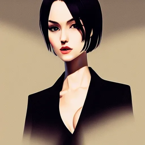 Image similar to slim girl in tuxedo with short black hair, elegant, 2d, ultra highly detailed, digital painting, smooth, sharp focus, artstation, art by Ilya Kuvshinov