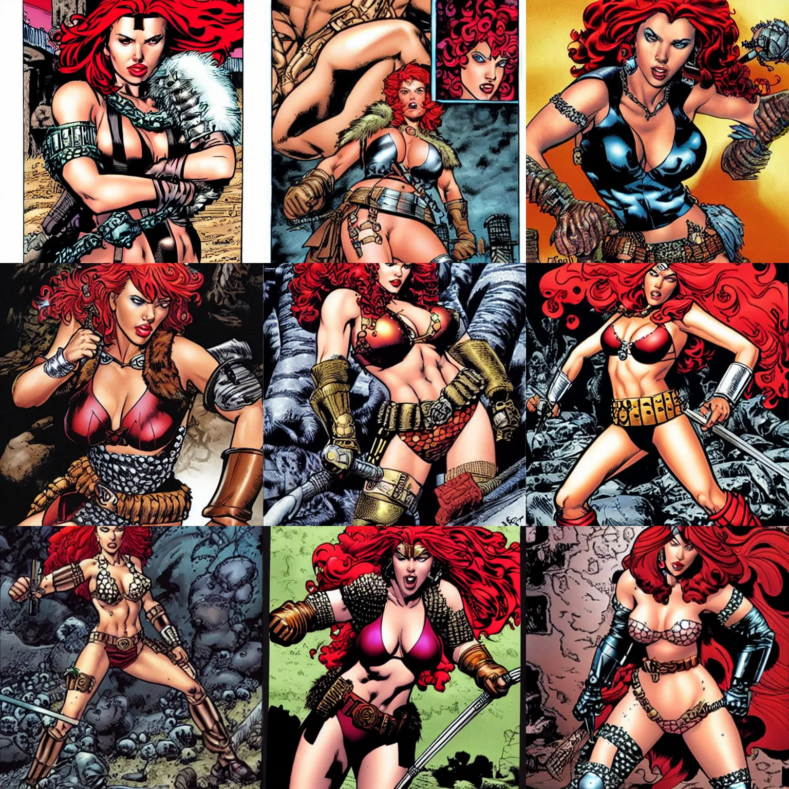 Prompt: scarlett johansson is red sonja by kevin eastman, simon bisley