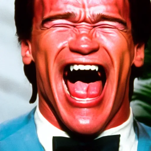 Image similar to arnold schwarzenegger screaming on a bad acid trip