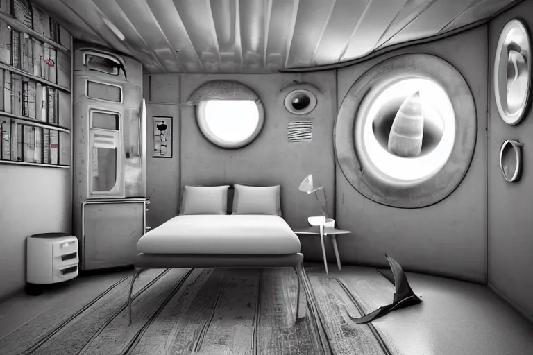 Image similar to small single bedroom quarters inside 1960s rocket ship with gray metallic factory engine walls, details, sharp focus, intricate, high definition, retro, sci-fi, digital Art, 3D, realistic photograph,