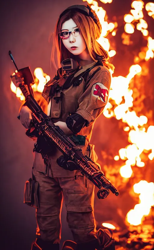 Image similar to portrait photo of a girl, highly detailed, flames in the background, high resolution, cosplay photo, stunning, girls frontline style, bokeh soft, shot on 70mm, zenithal lightning, trending on instagram, by award winning photographer, realistic human anatomy, real human faces, realistic military carrier, soldier clothing, modern warfare, salute pose, shot with a professional camera, low saturation, soldier clothing