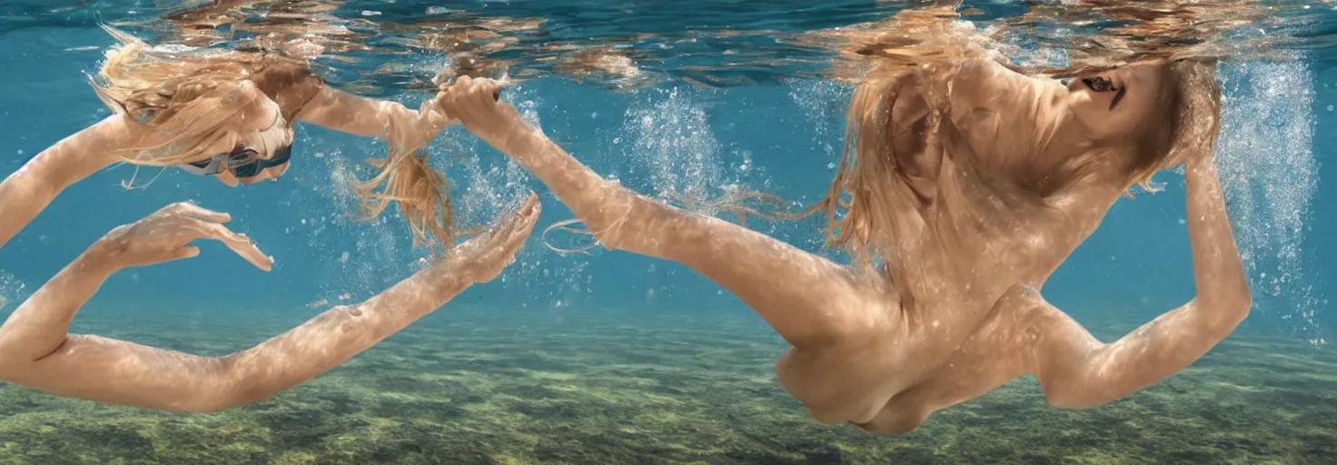 Image similar to beautiful blonde female diving underwater while solving complex math equations, 4k, photorealistic