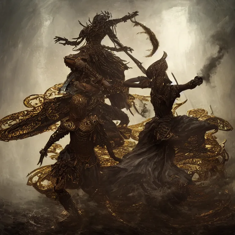 Image similar to dance of black man and a female devil, Dark Souls 3 themed, in style of Ruan Jia, insanely detailed and intricate, golden ratio, elegant, ornate, luxury, elite, matte painting, cinematic, cgsociety, James jean, Brian froud, ross tran, Laputa