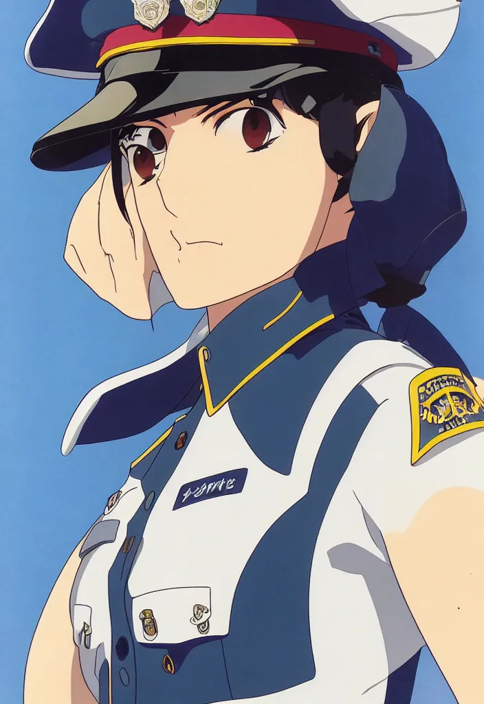 Image similar to close - up portrait of police woman, animation cel for anime movie, designed by haruhiko mikimoto, studio trigger, gainax, subtle colors