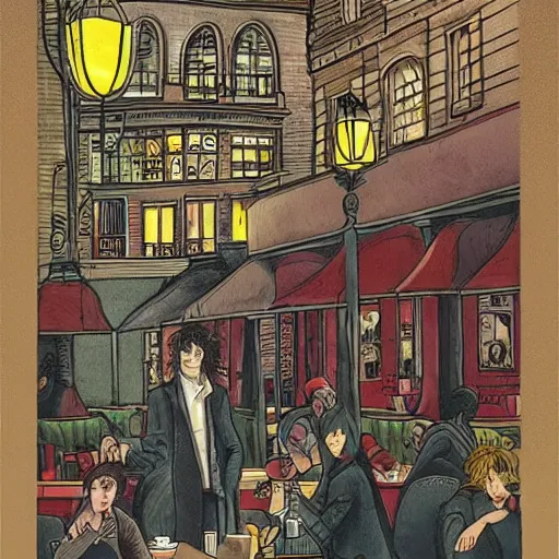 Image similar to busy cafe in a rainy victorian city, neil gaiman