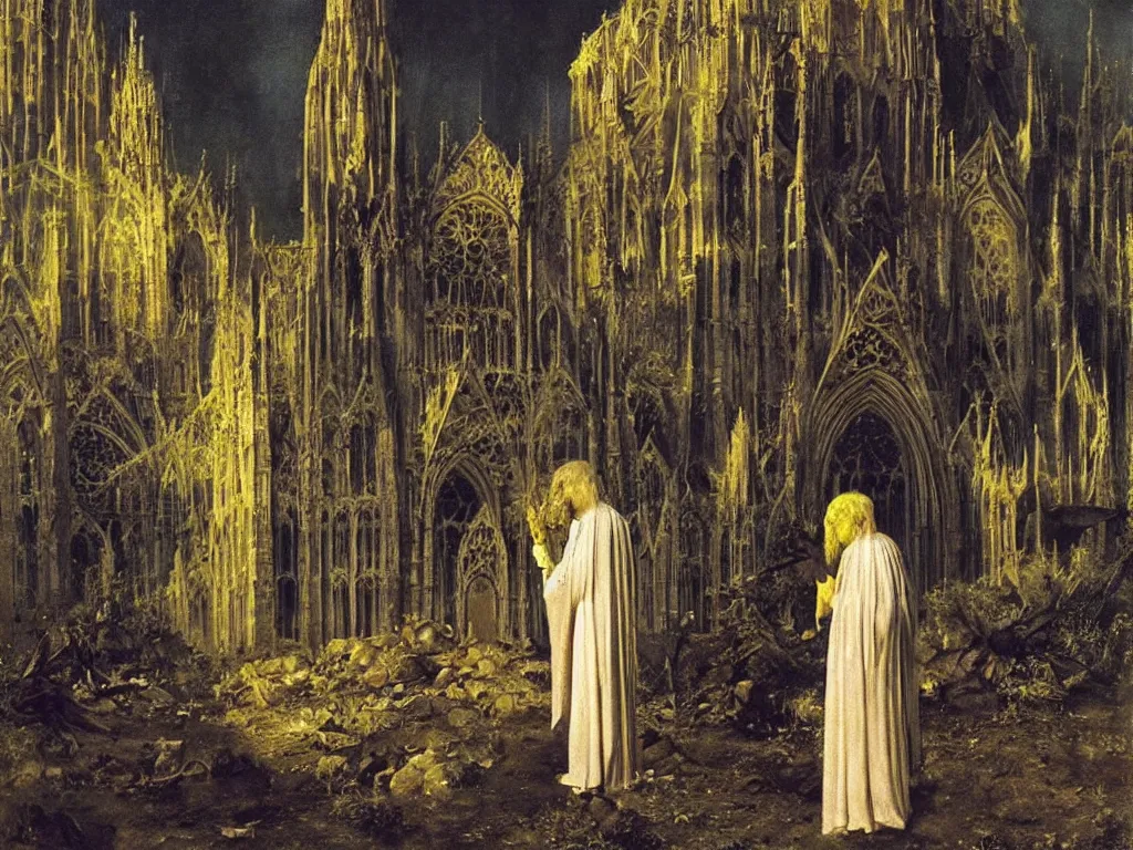 Prompt: albino mystic, with his back turned, looking in the distance at gothic cathedral in ruins, in the desert. Fireflies. Painting by Jan van Eyck, Audubon, Rene Magritte, Agnes Pelton, Max Ernst, Walton Ford