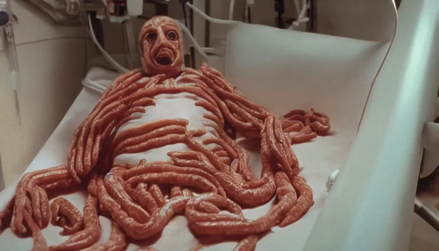 Image similar to 7 0 s movie still of a man made of worms in the hospital, cinestill 8 0 0 t 3 5 mm eastmancolor, heavy grain, high quality, high detail