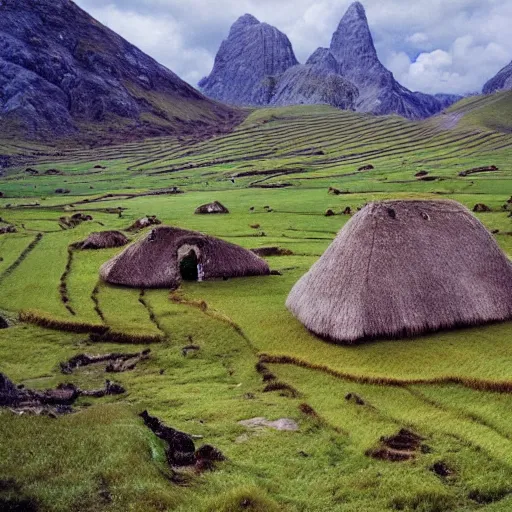 Image similar to beautiful landscape of Rohan with rural thatch roof villages scattered throughout the countryside, in the style of J.R.R Tolkien