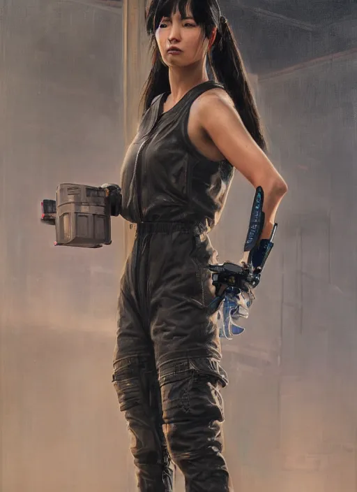 Image similar to Nikki Tanaka. Cyberpunk mechanic in jumpsuit (blade runner 2049, cyberpunk 2077). Orientalist portrait by john william waterhouse and James Gurney and Theodore Ralli and Nasreddine Dinet, oil on canvas. Cinematic, hyper realism, realistic proportions, dramatic lighting, high detail 4k