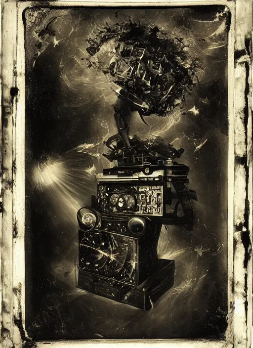 Image similar to old wetplate daguerreotype, portrait of faithless, god is a dj, explosion of data fragments, fractal, intricate, elegant, highly detailed, parallax, leica, medium format, subsurface scattering, by jheronimus bosch and greg rutkowski and louis jacques mande daguerre