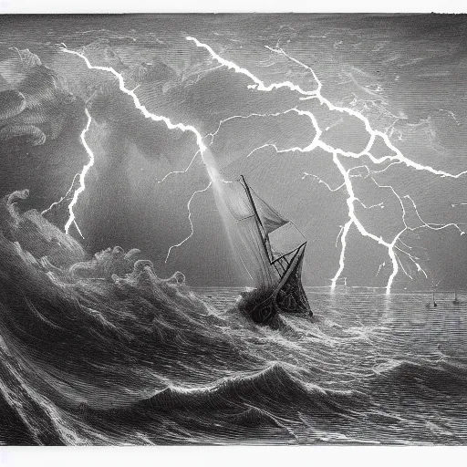 Image similar to drawing of pepe the frogs sailing through a lightning storm above a stormy ocean, by gustave dore, nineteenth century, black and white, vintage, science fiction, epic composition, dramatic lighting, highly detailed, cinematic horror, sci fi