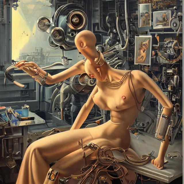 Image similar to robot artist painting a self - portrait on a canvas. intricate, highly detailed, digital matte painting in the style of gil elvgren and in the style of h. r. giger. irony, recursion, inspiration.