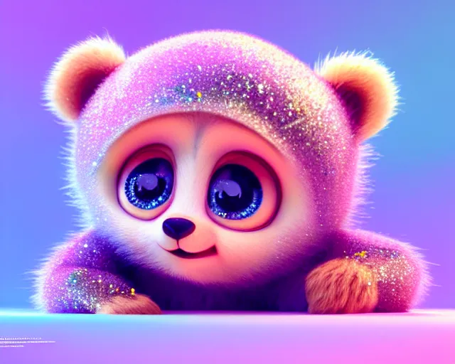 Image similar to a cute cute baby bear cub, big eyes, soft scale texture, pastel colours, colorful, shiny glitter crystals, cute, adorable, pixar animation style, detailed, soft light, octane render, cute, 4 k,