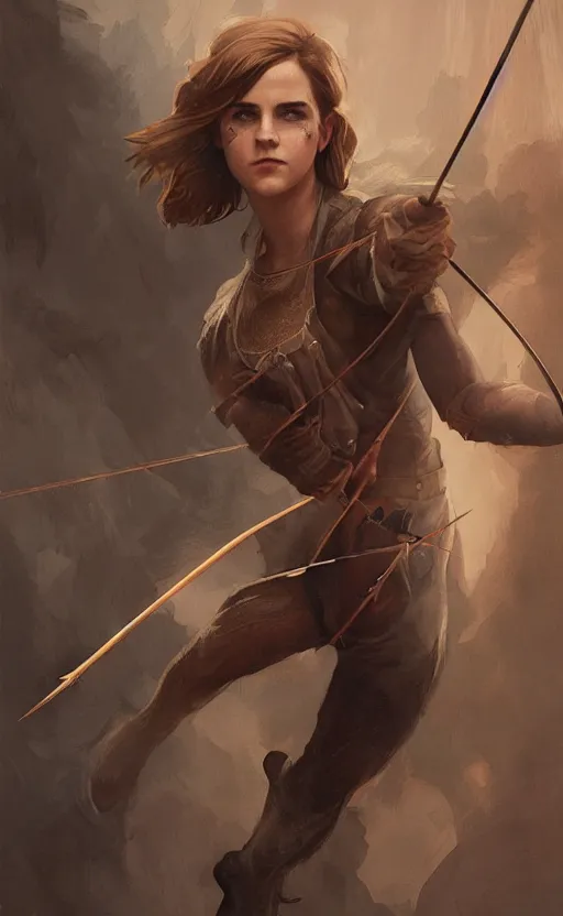 Prompt: portait of a buff emma watson archer shooting arrow, front game card, drark, marvel comics, dark, intricate, highly detailed, smooth, artstation, digital illustration by ruan jia and mandy jurgens and artgerm and wayne barlowe and greg rutkowski and zdislav beksinski