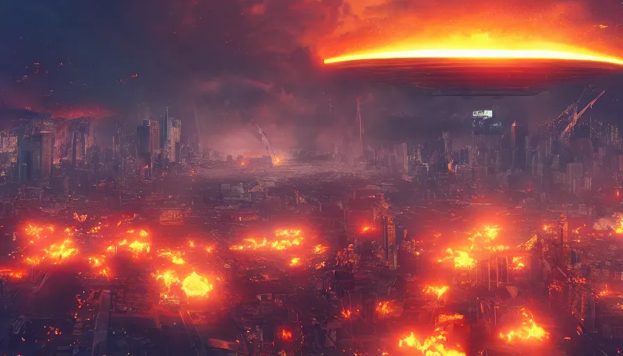 Image similar to humongous ufo upon destroyed new - york city, sky on fire, demolition, hyperdetailed, artstation, cgsociety, 8 k