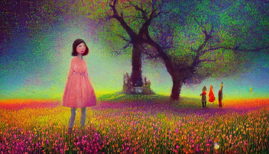 Prompt: girl with a flower face, surreal photography, dream, standing in flower field, hills, big trees, sunrise dramatic light, impressionist painting, colorful clouds, digital painting, pointillism, artstation, simon stalenhag, surreal