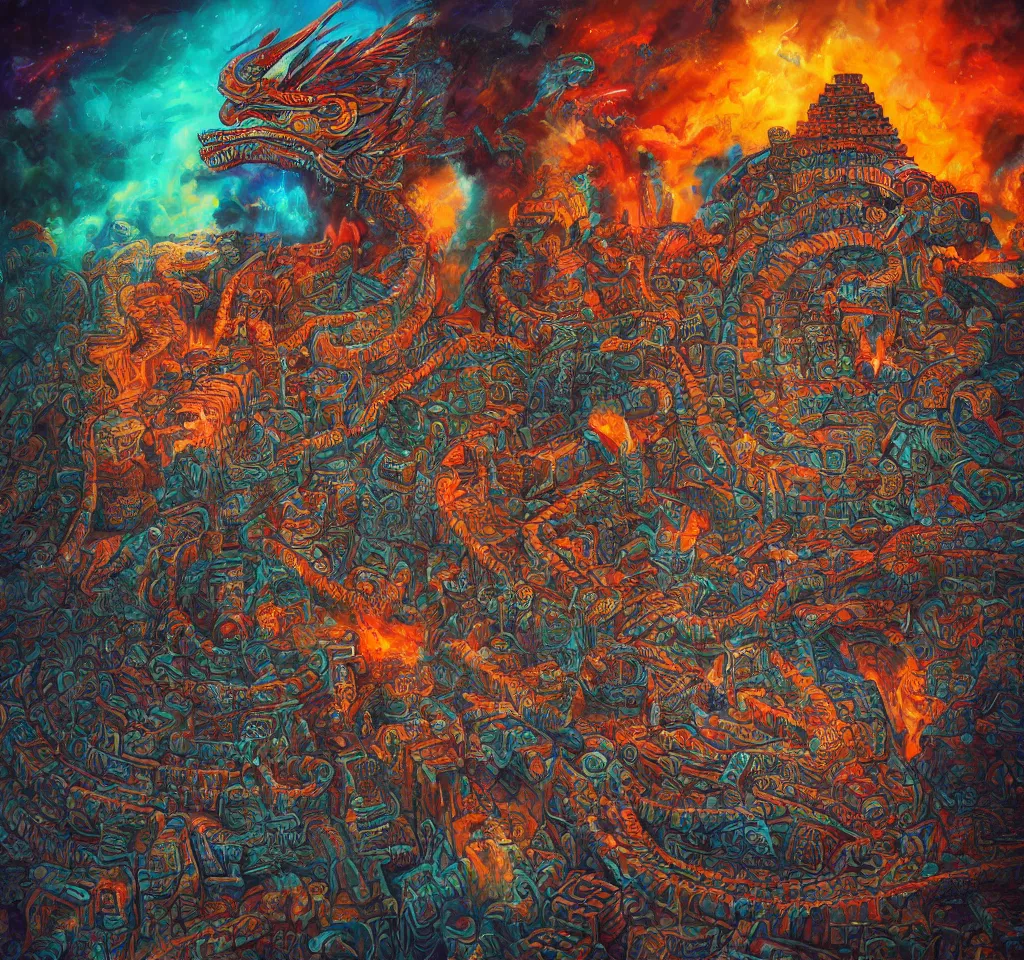 Image similar to Quetzalcoatl  the feathered serpent deity hovering above a giant mayan temple by Liam Wong and Boris Vallejo, stone carving, colorful, glyphs, rocket, wall of a tomb, highly details, realistic, cinematic lightning, medium shot, mid-shot, highly detailed, trending on artstation, Unreal Engine 4k