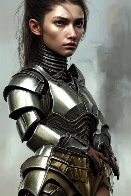 Image similar to a photorealistic painting of an attractive young girl, partially clothed in metal-plated battle armor, olive skin, long dark hair, beautiful bone structure, symmetrical face, perfect eyes, intricate, elegant, digital painting, concept art, illustration, sharp focus, minimal artifacts, from Metal Gear, in the style of Ruan Jia and Mandy Jurgens and Greg Rutkowski, trending on Artstation, award winning