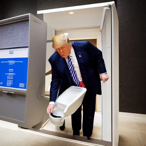 Image similar to Donald Trump flushing a voting machine down the toilet, Canon EOS R3, f/1.4, ISO 200, 1/160s, 8K, RAW, unedited, symmetrical balance, in-frame