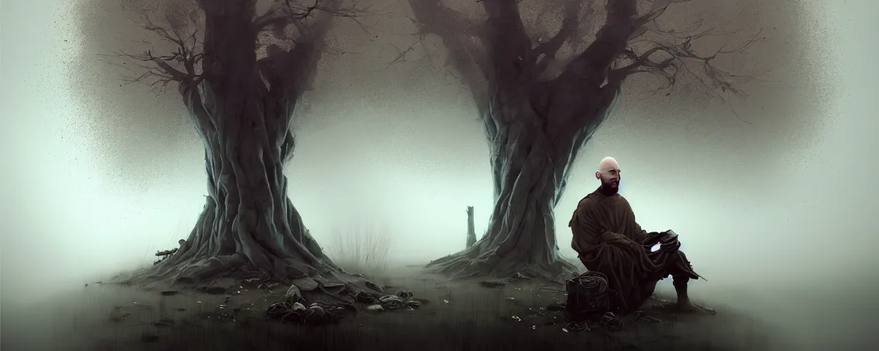 Image similar to duotone concept illustration 3 / 4 portrait bald merchant demon sitting below willow tree in a foggy evening rustical style. medieval brown tunic with pouches. cinematic volumentric lighting. accidental renaissance. by sachin teng and sergey kolesov and ruan jia and heng z. graffiti art, scifi, fantasy, hyper detailed. octane render. trending on artstation