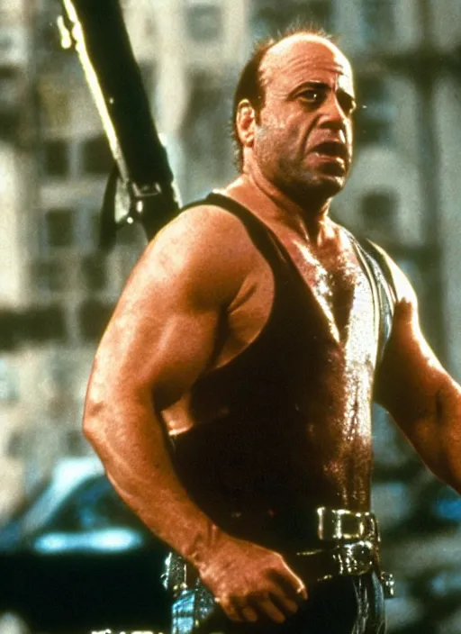 Image similar to film still of Danny DeVito as John McClane in Die Hard, 4k