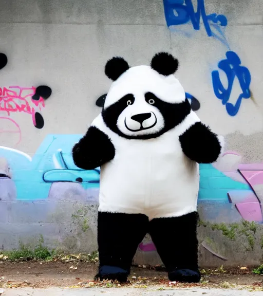 Prompt: photograph of a sad man wearing a panda costume, graffiti wall background