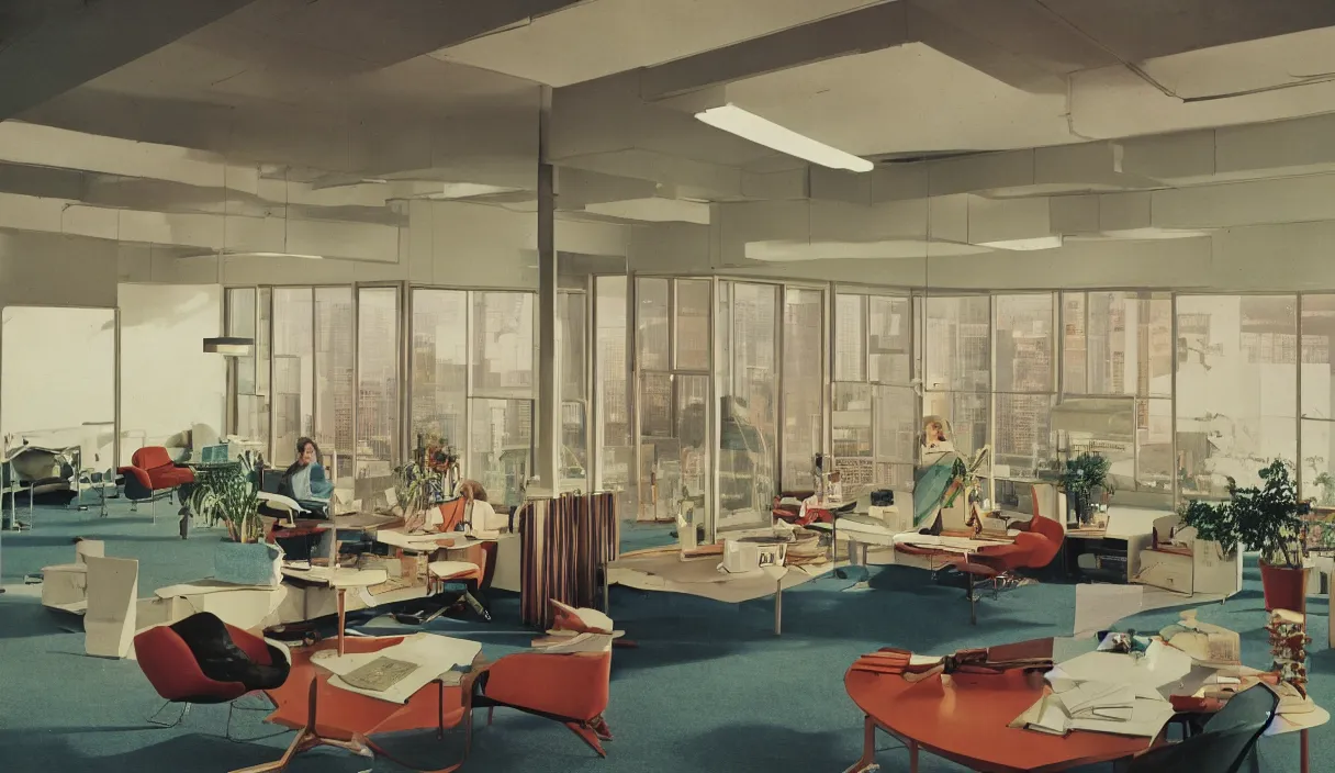 Prompt: a 7 0 s prisunic catalog with the indoor office of severance series ( 2 0 2 2 ), in color