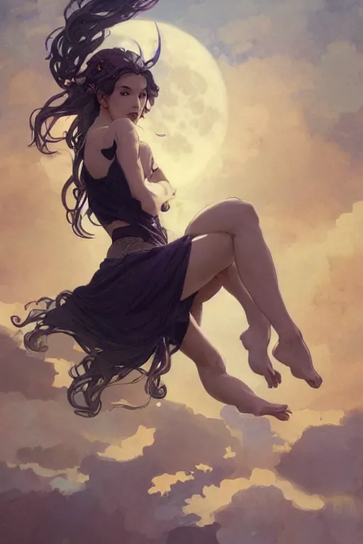 Prompt: jojo pose, fantasy, beautiful leg, long hair, girl, portrait, cloud sky and moon night background, high detail, concept art, digital art, illustration, smooth, sharp focus, greg rutkowski, alphonse mucha, trending on artstation, trending on deviantart,