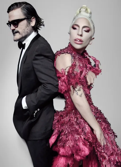 Image similar to lady gaga and joaquin phoenix styled by nick knight posing, full body shot, set pieces, intricate set, vogue magazine, canon, highly realistic. high resolution. highly detailed. dramatic. 8 k. 4 k.