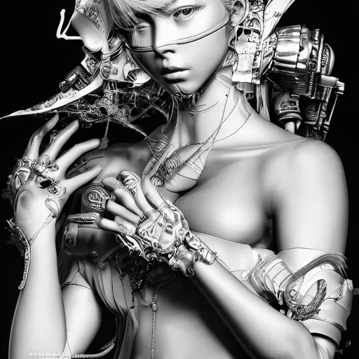 Image similar to the portrait of an absurdly beautiful, graceful, elegant, sophisticated, fashionable cyberpunk gravure idol, an ultrafine hyperdetailed illustration by kim jung gi, irakli nadar, intricate linework, bright colors, porcelain skin, unreal engine 5 highly rendered, global illumination, radiant light, detailed and intricate environment