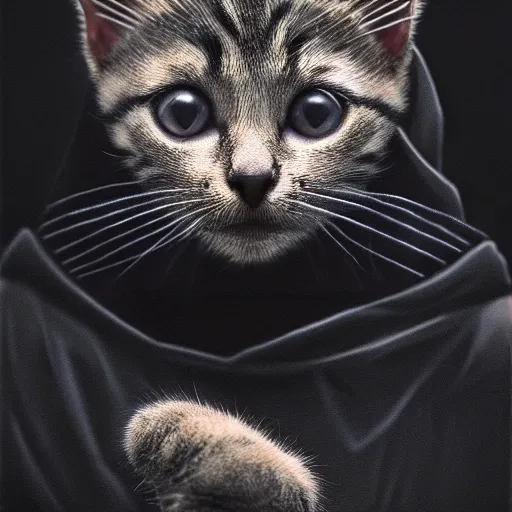 Image similar to a portrait of a kitten wearing a black hood, cloak covering face, anatomically correct, beautiful perfect face, enigmatic, oil painting, matte, black background, Volumetric dynamic lighting, Highly Detailed, Cinematic Lighting, Unreal Engine, 8k, HD, by Beksinski