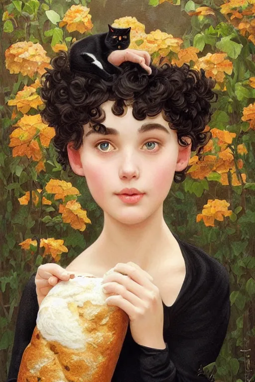 Image similar to beautiful cottagecore of a girl with short black curly hair, round face, cute face, holding a loaf of bread. There's also a black cat on her shoulder. intricate, elegant. highly detailed, digital painting, artstation, concept art, smooth, sharp, focus, illustration. . art by artgerm and greg rutkowski and alphonse mucha