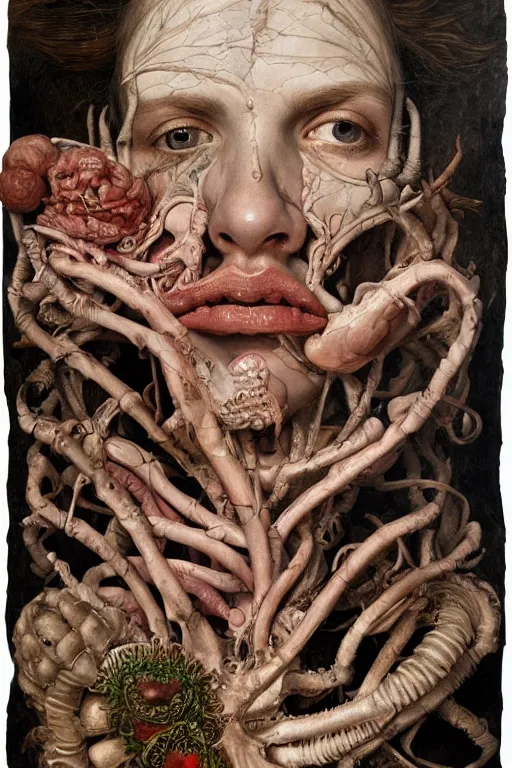 Prompt: Detailed maximalist portrait of a greek god with large lips and eyes, scared expression, botanical anatomy, skeletal with extra flesh, HD mixed media, 3D collage, highly detailed and intricate, surreal illustration in the style of Jenny Saville, dark art, baroque, centred in image