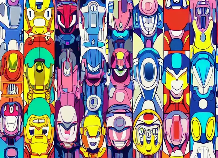 Image similar to 3 rows of 3 framed closeup colorful anime face portraits of cute evil robots from mega man, inspired by osamu tezuka, with a futuristic robotic background.