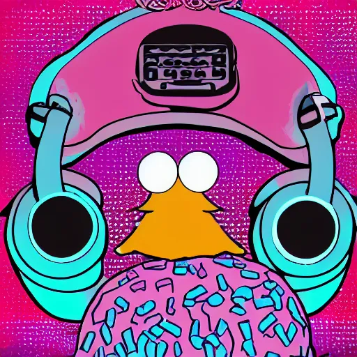 Image similar to Sesame Street Cookie Monster, Headphones, Disc-Jockeying, DJ, spinning records, Psychedelic, Cyberpunk, svg digital art, full body, from a slight distance