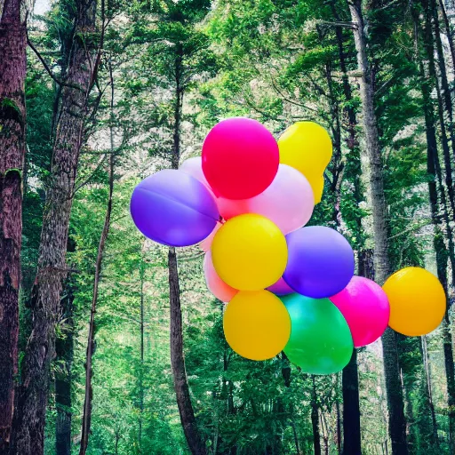 Prompt: An abandoned forest with colorful balloons, Sony a7R IV, symmetric balance, polarizing filter, Photolab, Lightroom, 4K, Dolby Vision, Photography Award