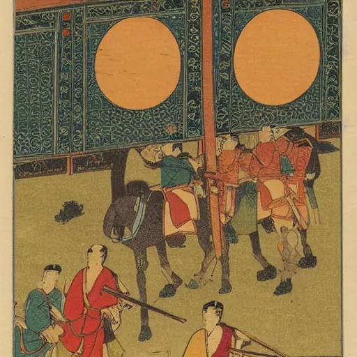 Prompt: late meiji period, colored woodblock print, medieval islamic warriors