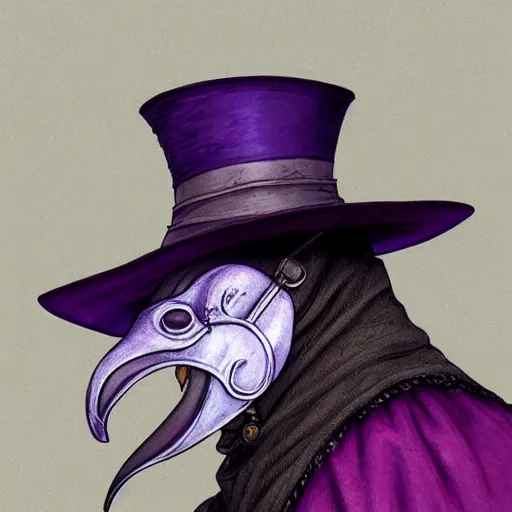 Image similar to mediaeval plague doctor wearing a top hat with a purple ribbon, intricate, epic, highly detailed, digital painting, artstation, concept art, smooth, sharp focus, illustration, unreal engine 5, 8 k, art by artgerm and greg rutkowski and alphonse mucha