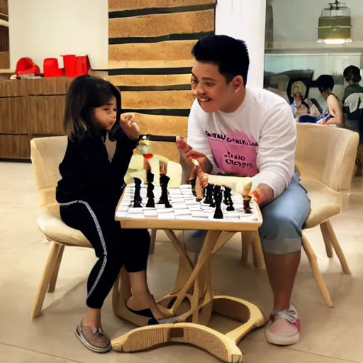 Prompt: Anya Forger playing chess with Bimby Aquino