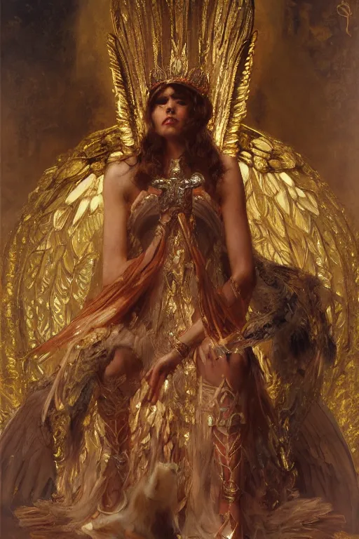 Image similar to full body portrait of seraphim queen sitting on her bone throne, highly detailed painting by gaston bussiere, craig mullins, j. c. leyendecker, 8 k, mid shot