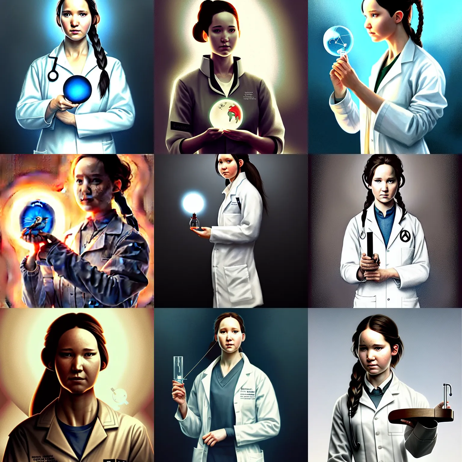 Prompt: a laboratory, ( ( ( ( ( katniss everdeen ) ) ) ) ) as a scientist, wearing a labcoat, is holding a tiny globe, digital art, greg rutkowski, artstation