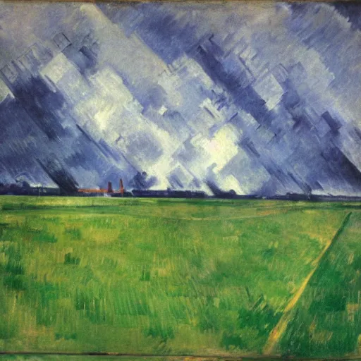 Prompt: green open field clouds above and below bursting with energy water and electricity foggy lighting in style of kathe kollwitz paul cezanne