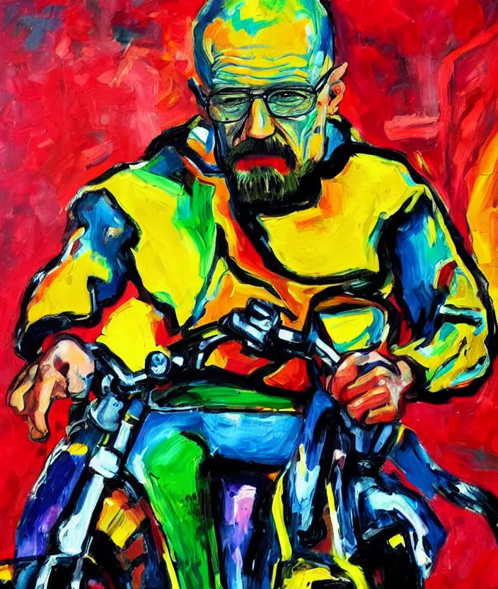 Image similar to expressionist painting of walter white on a motorbike, dynamic perspective, expressionist, colorful, clean