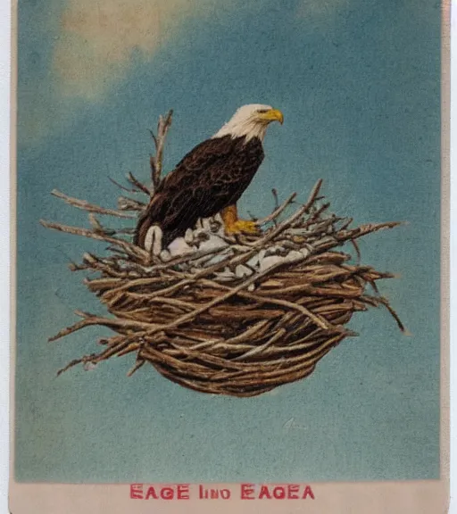 Image similar to damaged postcard of 'an eagle in the nest of a snowy pine tree', long shot, coffee table background