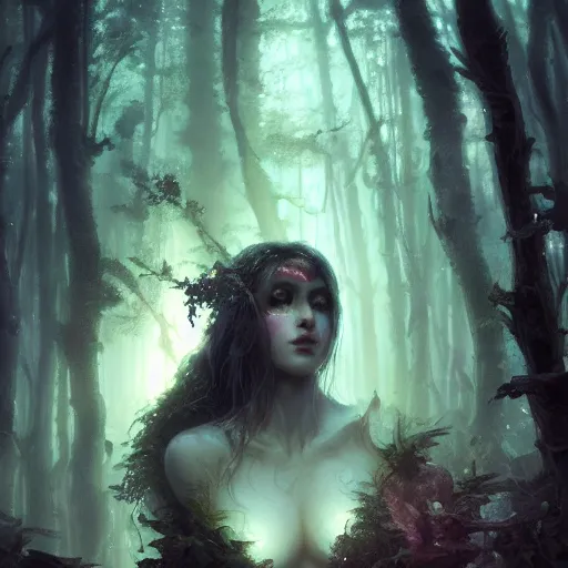 Image similar to a close - up of a succubus in a bioluminescent ancient dark forest, greg rutkowski, 8 k, shallow depth of field, intricate detail, concept art,