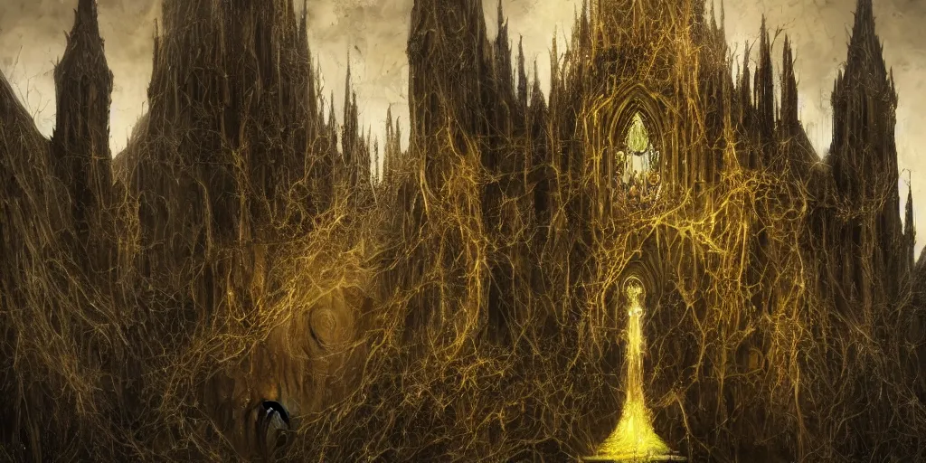 Prompt: a tall towering huge pale human wearing a garment sitting upon an ornate stone throne, 4K, digital art, lovecraftian, lovecraft art, artstation, horror, dramatic, wearing a long yellow rotting garment, dark, hyperrealistic, dramatic perspective, complex (((dark))) cathedral background, dark background, highlights,