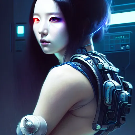 Image similar to portrait painting of a cyberpunk technician sunmi kpop, ultra realistic, concept art, intricate details, eerie, highly detailed, photorealistic, octane render, 8 k, unreal engine. art by artgerm and greg rutkowski and magali villeneuve and alphonse mucha