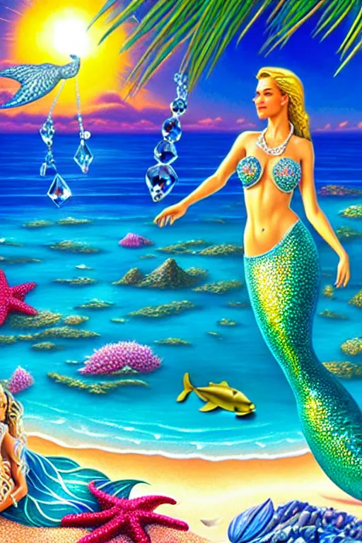 Prompt: a photorealistic detailed cinematic image of a jeweled beach with mermaid basking in the sun on crystal rocks, abundant sea life, jewels and faceted diamonds in the sand, clear water ocean as far as the eye can see, ornate view by david a. hardy, kinkade, lisa frank, wpa, public works mural, socialist