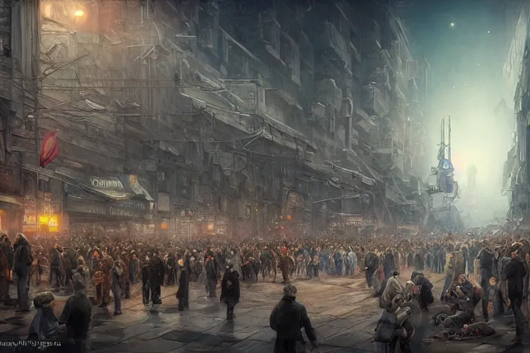 Prompt: crowded on the streets of Russian commie blocks on the Moon city, Norilsk, sci-fi, fantasy, earth seen on the dark sky, intricate, very very beautiful, elegant, highly detailed composition, digital rendering, artstation, concept art, smooth, sharp focus, illustration, art by artgerm and greg rutkowski and alphonse mucha