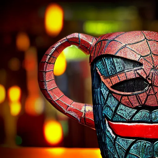 Image similar to a closeup photorealistic photograph of a spider man style tiki mug on a trader vic's bar featuring the face of spider man. tiki theme. bright scene. fine detail. this 4 k hd image is trending on artstation, featured on behance, well - rendered, extra crisp, features intricate detail, epic composition and the style of unreal engine.